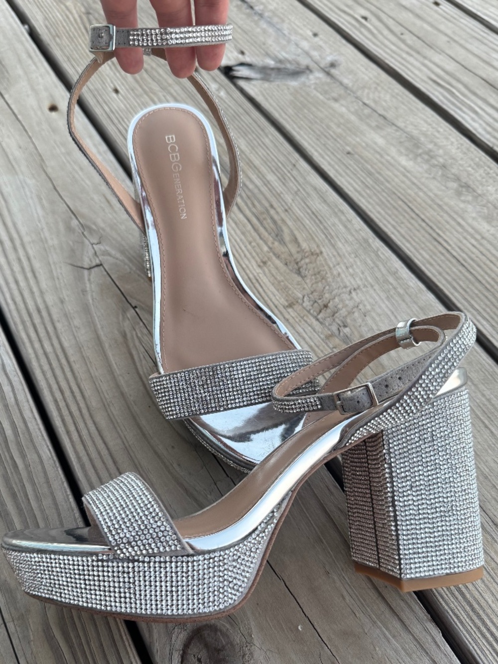 BCBGeneration Rhinestone Platform Block Heel Sandals Silver Women’s Size 8